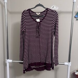 Ultra Flirt Burgundy and White Striped Long Sleeve Top